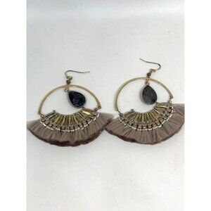 Gold Tone Tear Drop Dangle Gray Fringed French Hook Dangle Earrings